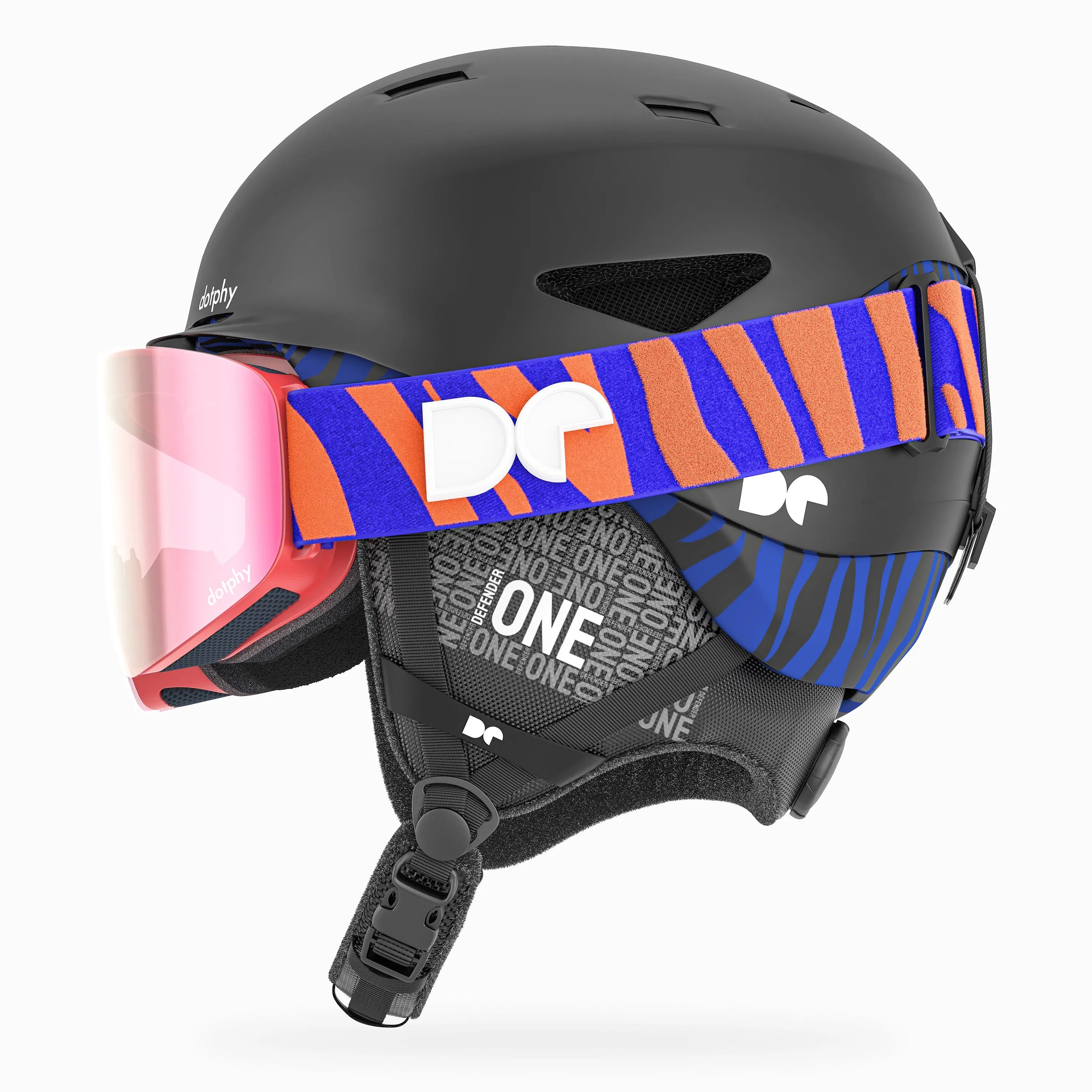 Defender One Matte Black Ski Helmet + Defender 1000 Pro Flamingo Ski Goggle Combo