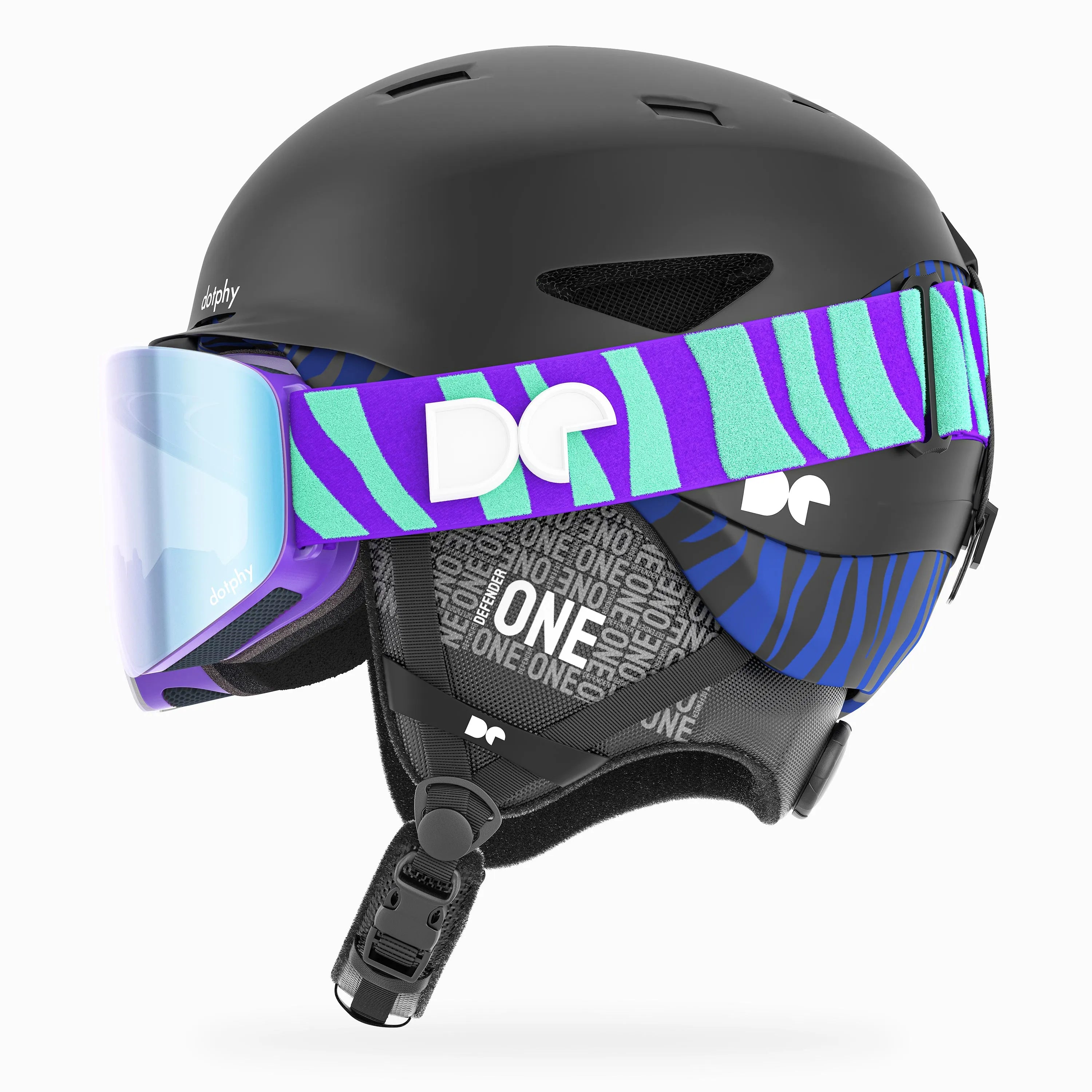 Defender One Matte Black Ski Helmet + Defender 1000 Pro Lavender Ski Goggle Combo
